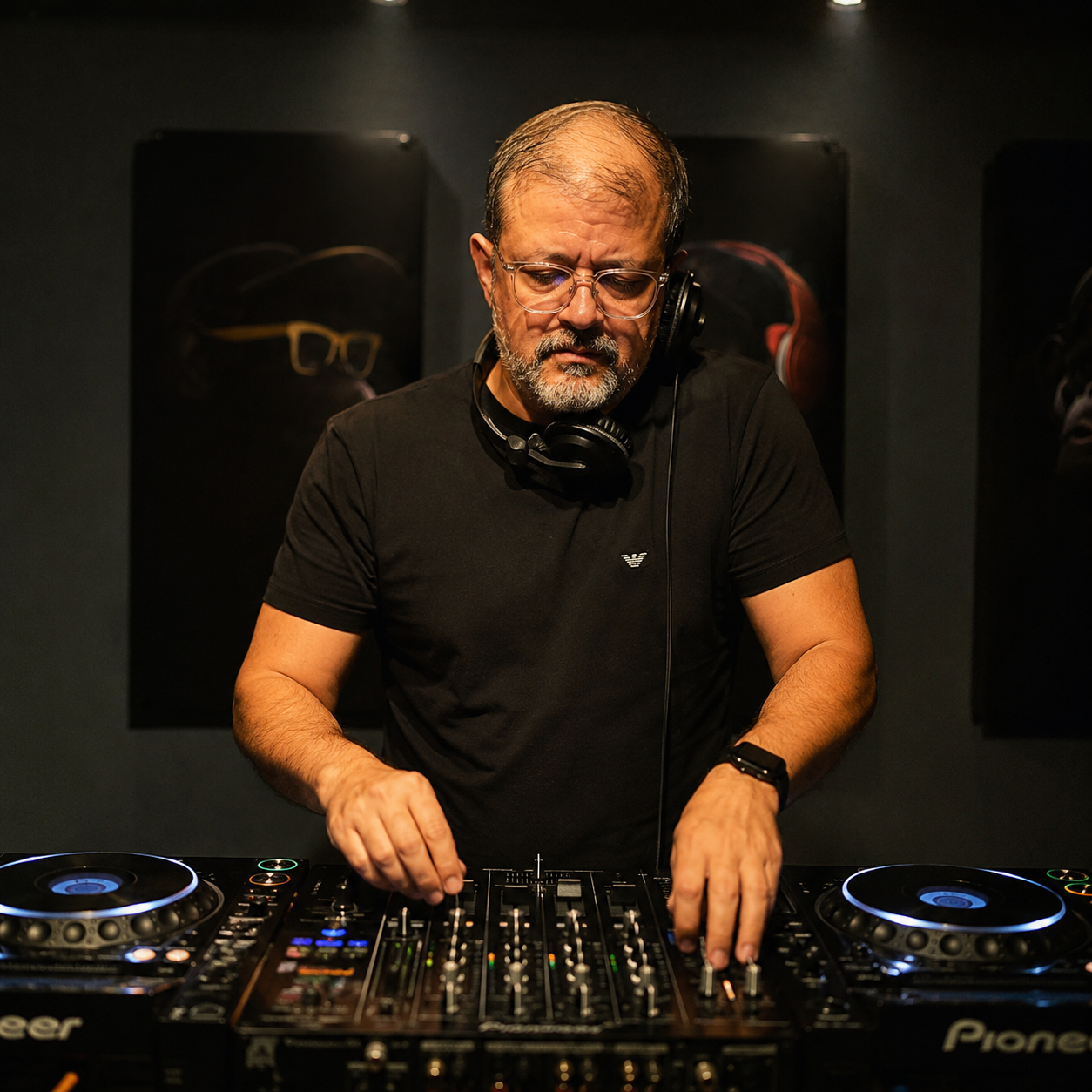 ROHBO com fones em equipamento de DJ